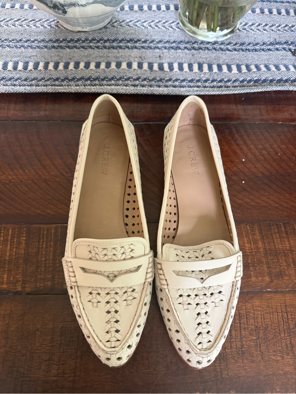 J. Crew Women's Woven Leather Pointed Loafers in Cream